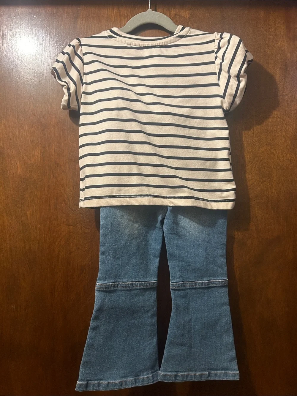 Jessica Simpson Cream and Navy Striped Tee with Puff Sleeve Detail